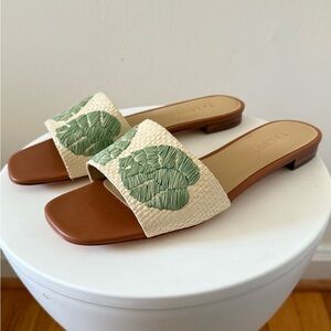 Talbots Cream Raffia Slide Sandals with Green Leaf Embroidery - “Violet” Slides